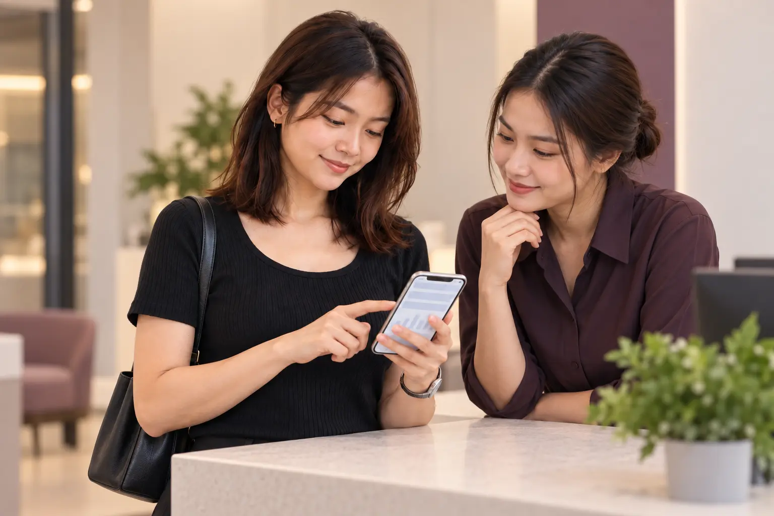 ผู้ใช้งานสองคนกำลังดูสรุปงานบนโทรศัพท์ร่วมกัน